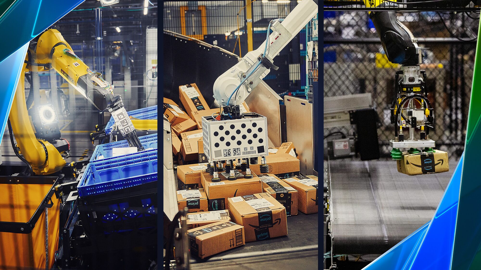 Three Amazon robotic arms used at fulfillment centers.