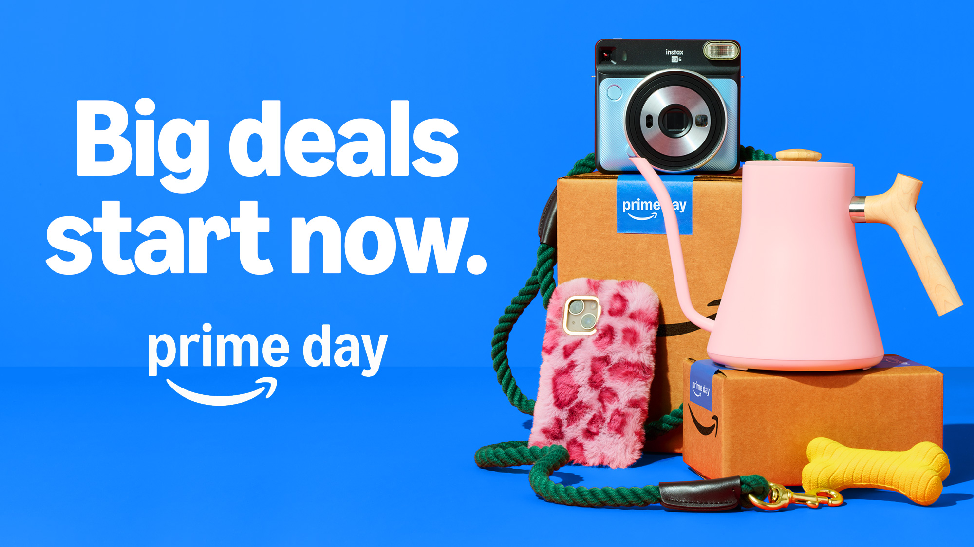Amazon Prime Day promotion featuring various products on blue background