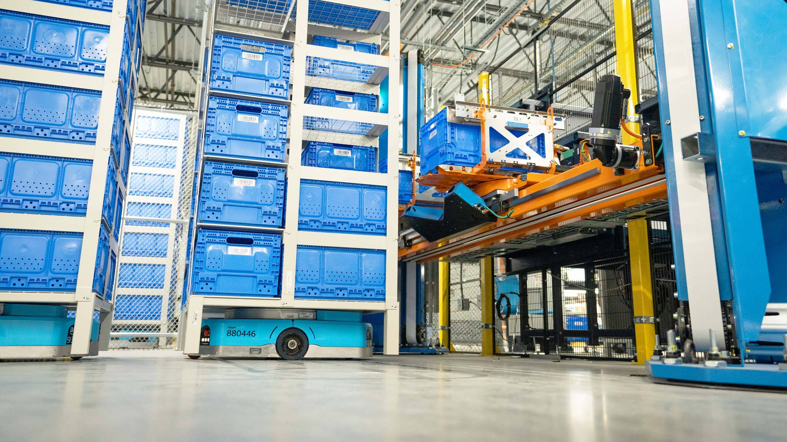 Image of a fulfillment center floor, featuring Sequoia, a new robotic system that will reduce the time it takes to fulfill orders 