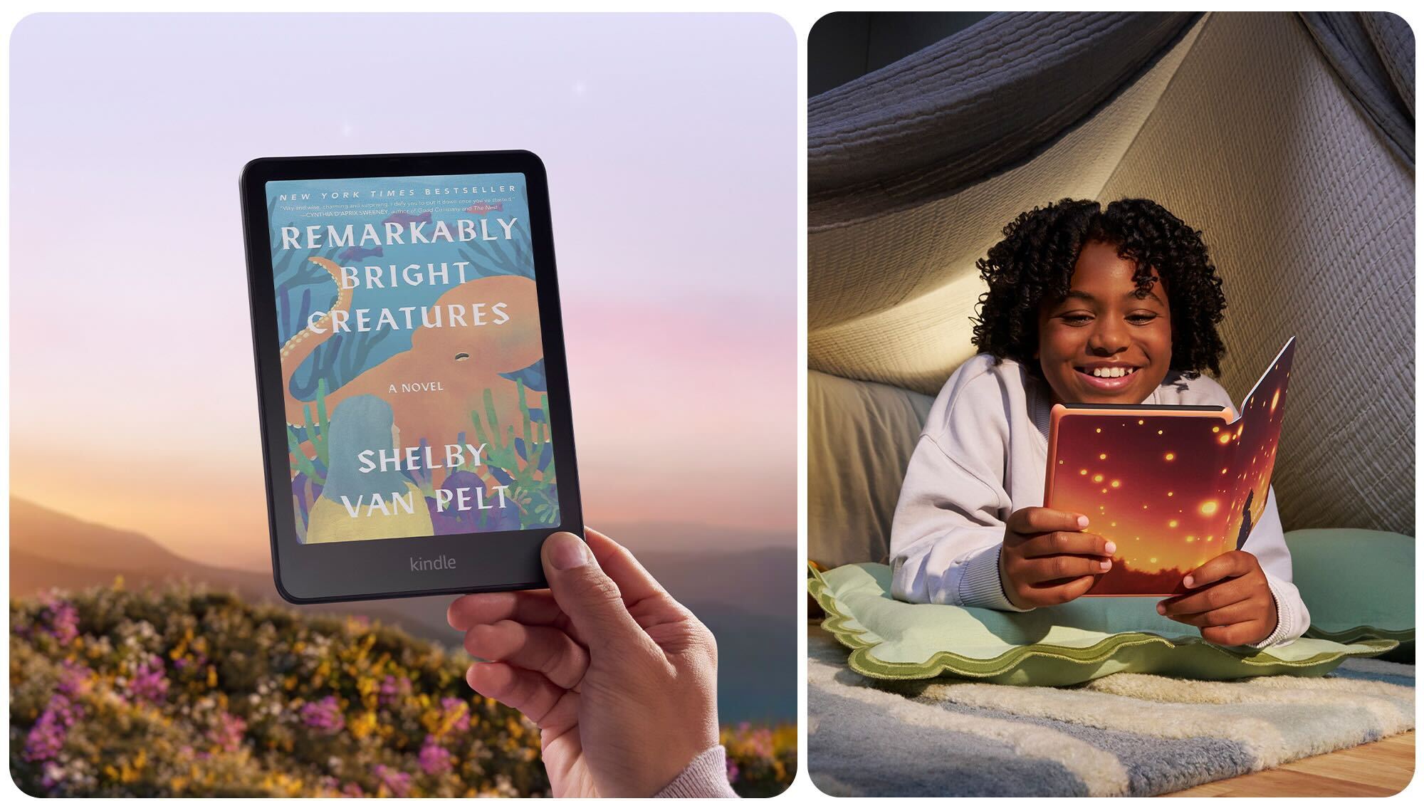Child reading glowing book under blanket fort, smiling with joy