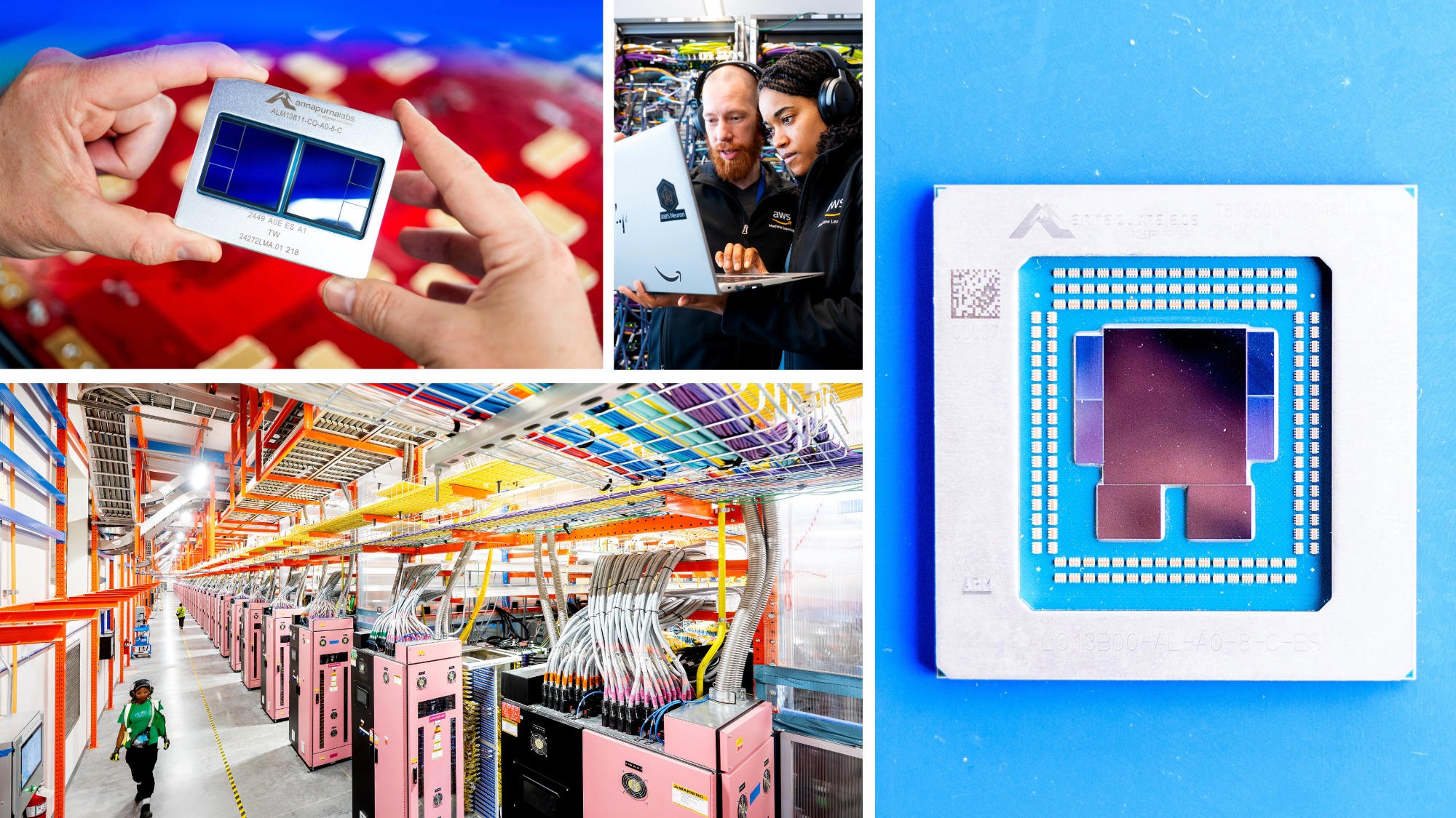 Amazon AI innovation scenes including quantum computing hardware, the inside of a data center, engineering teamwork, and custom chips
