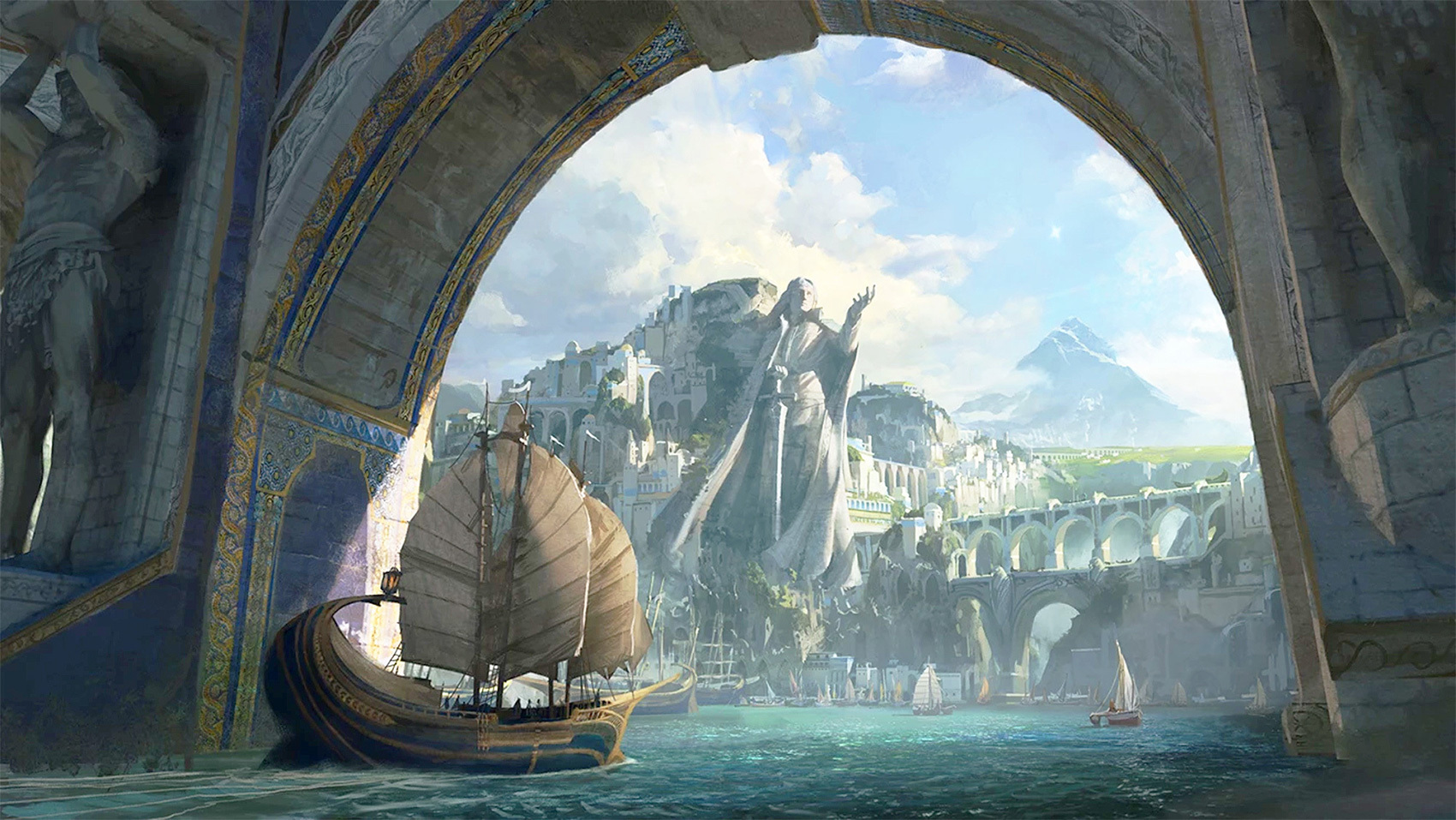 A scene from the Lord of the Rings: The Rings of power. A ship sails under a bridge heading toward the city of Numenor.