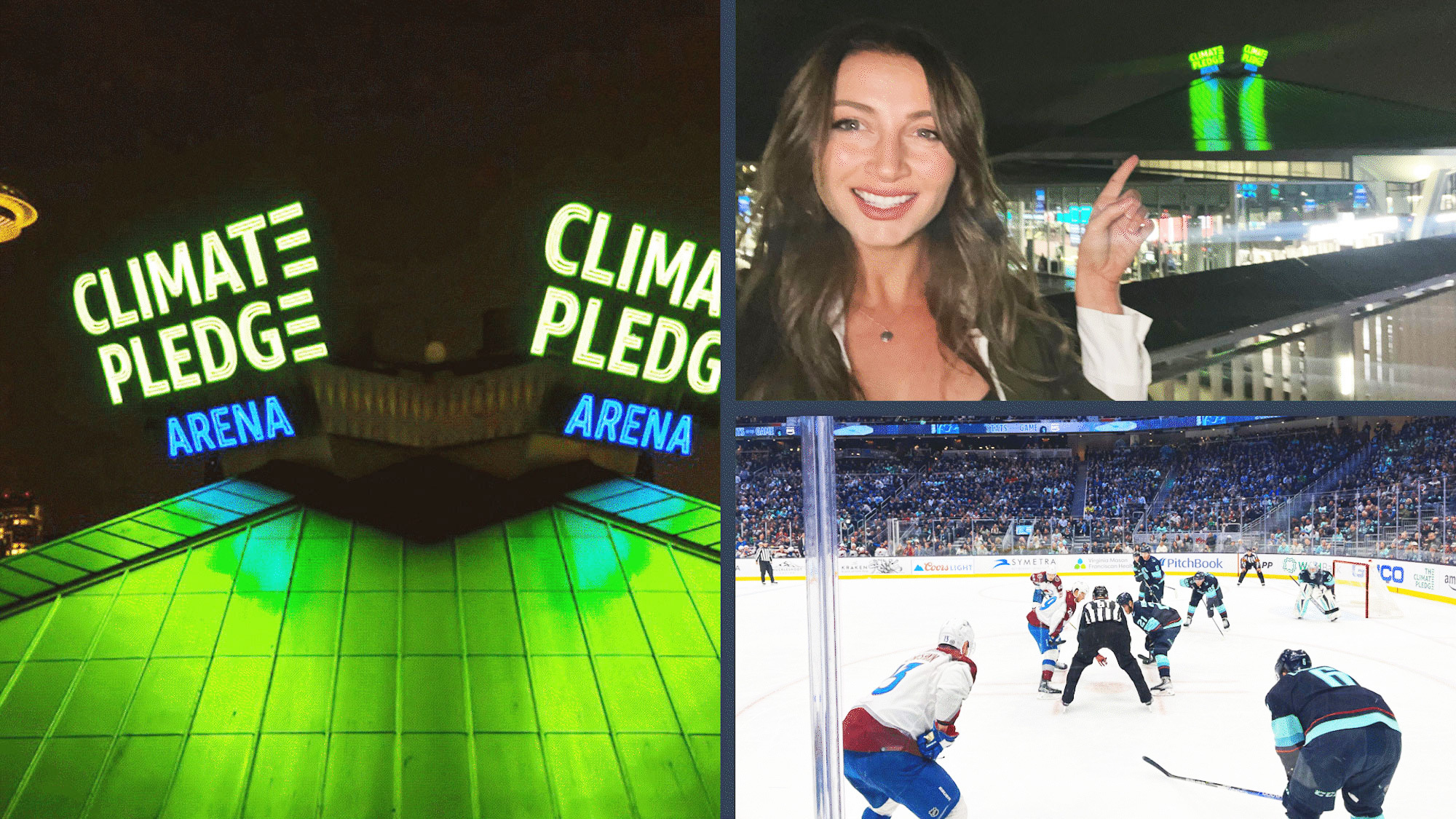 A collage with various images of the Climate Pledge Arena.