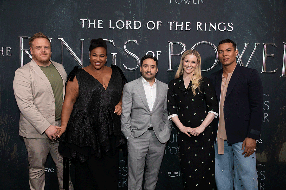 An image of cast members from the lord of the rings the rings of power at a cast event in los angeles