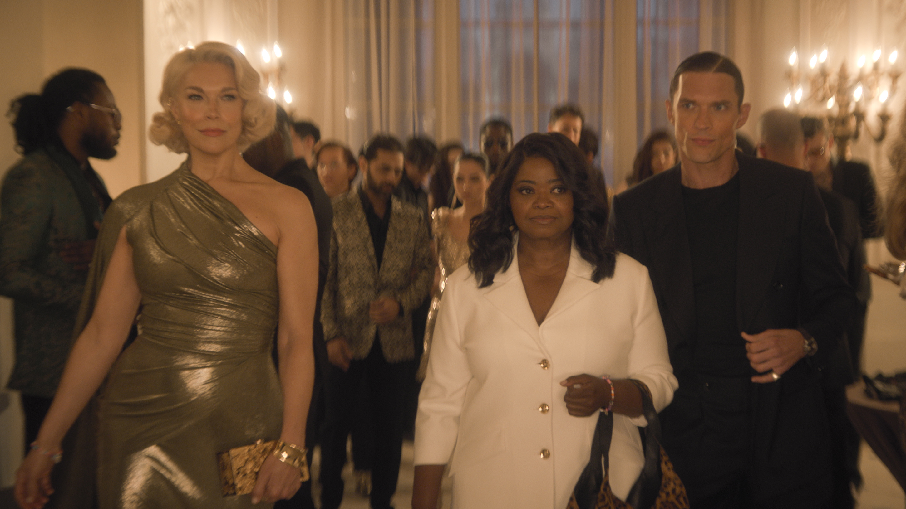 Le trio principal de Ride or Die lors d’une réception Hannah Waddingham, Octavia Spencer et Ed Skrein dans une réception de Ride or Die