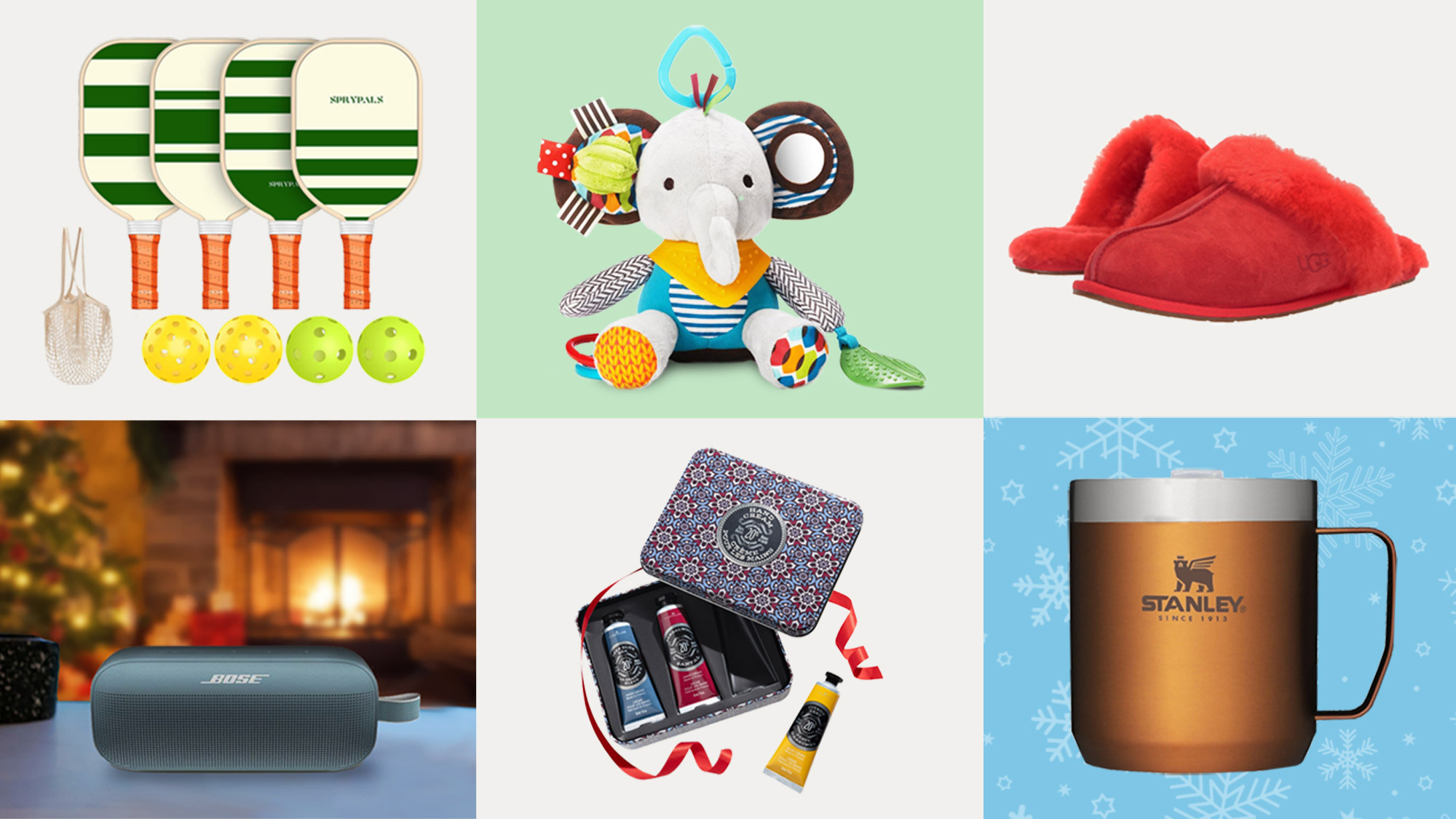 A collage of last minute gifts with pickleball, elephant plush, red slippers, Bose bluetooth speaker, lotion, and Stanley mug