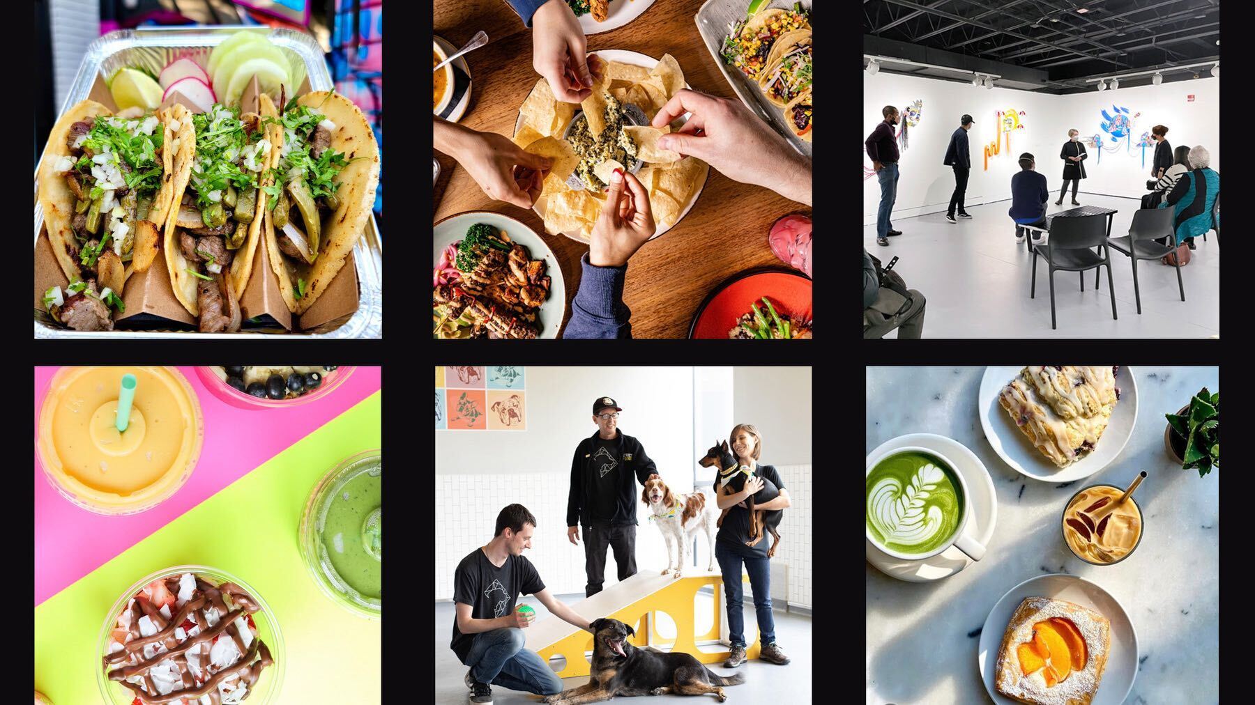 A photo grid displaying six photos of goods and services provided by local retailers located at Amazon's HQ2 in Arlington, Virginia.