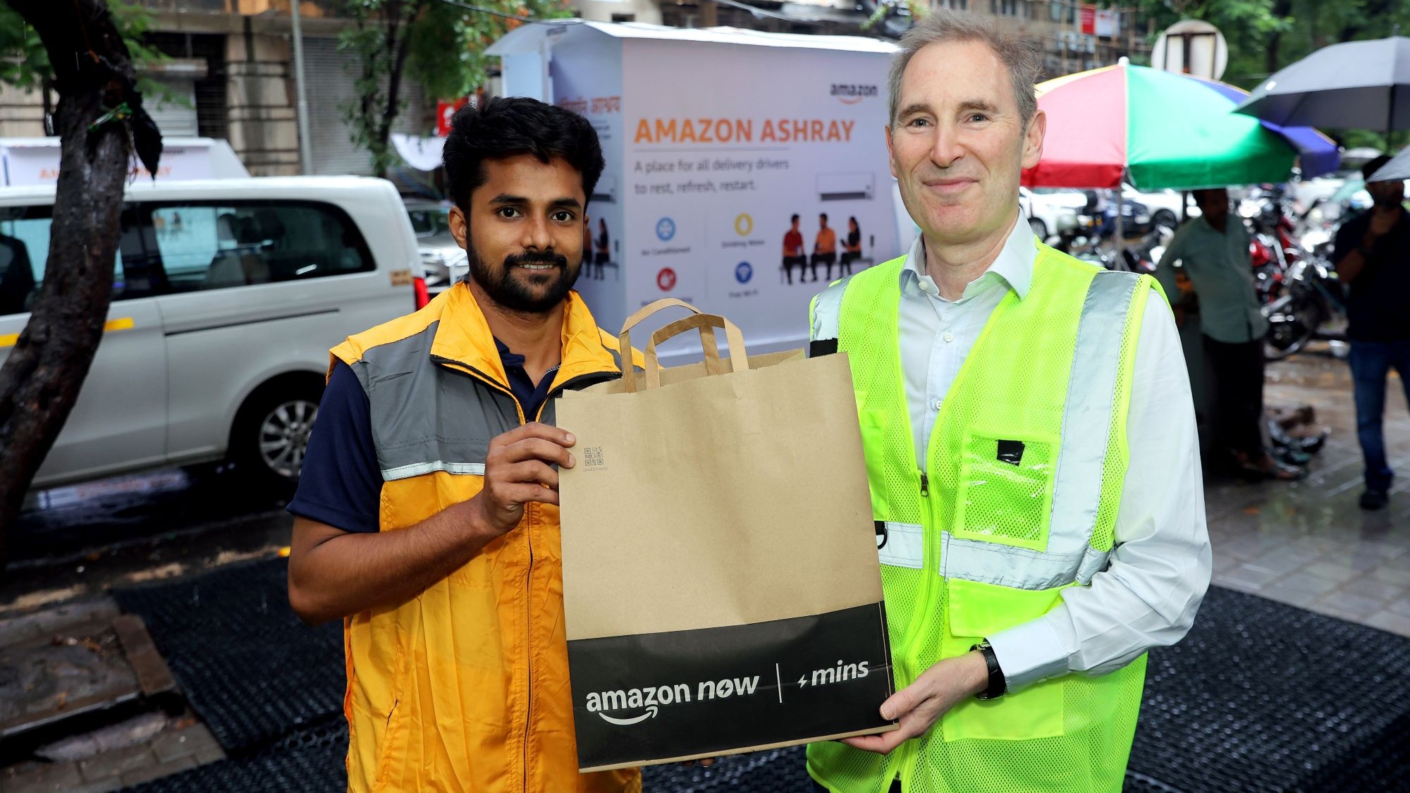 Amazon CEO Andy Jassy at Amazon Now micro-fulfilment centre