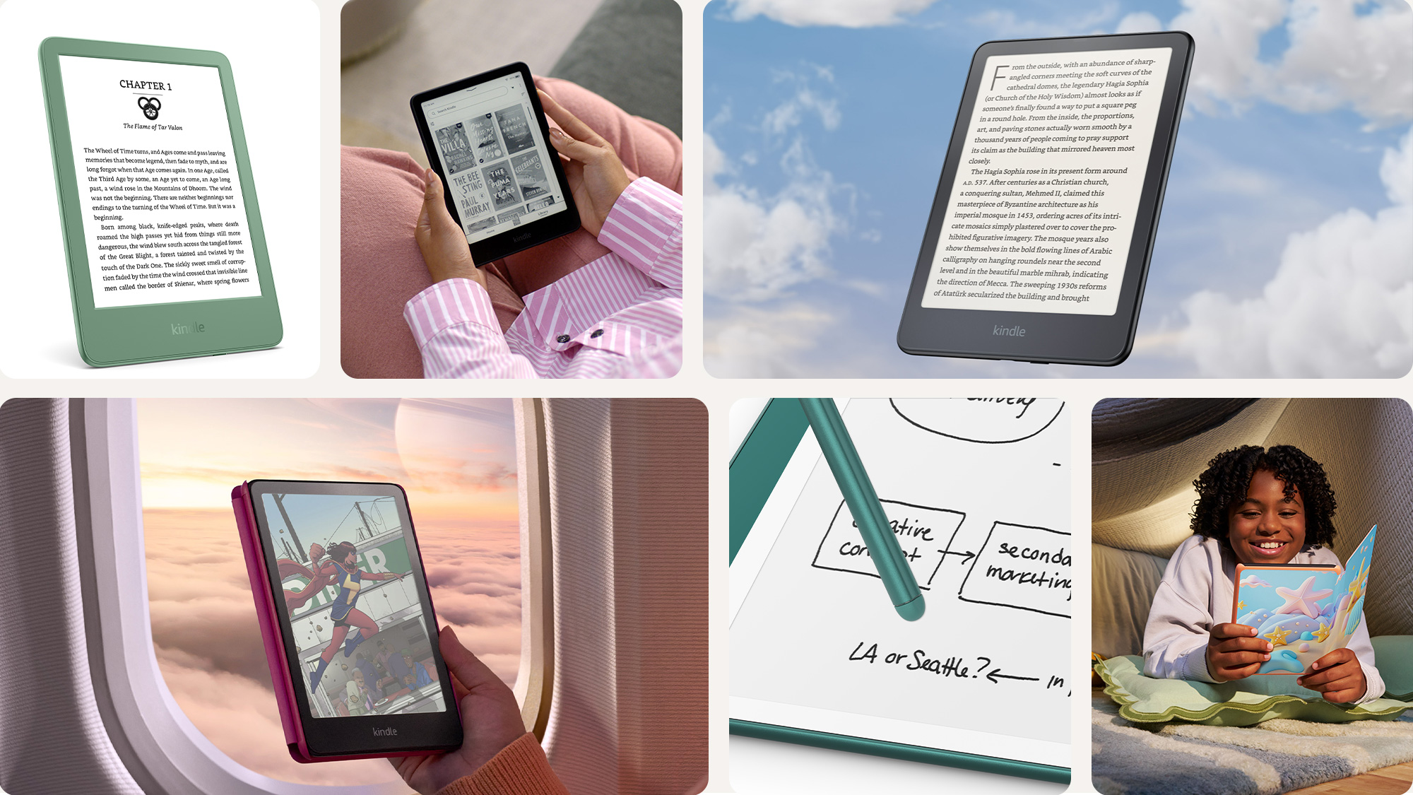 Collage of Amazon Kindle e-reader devices