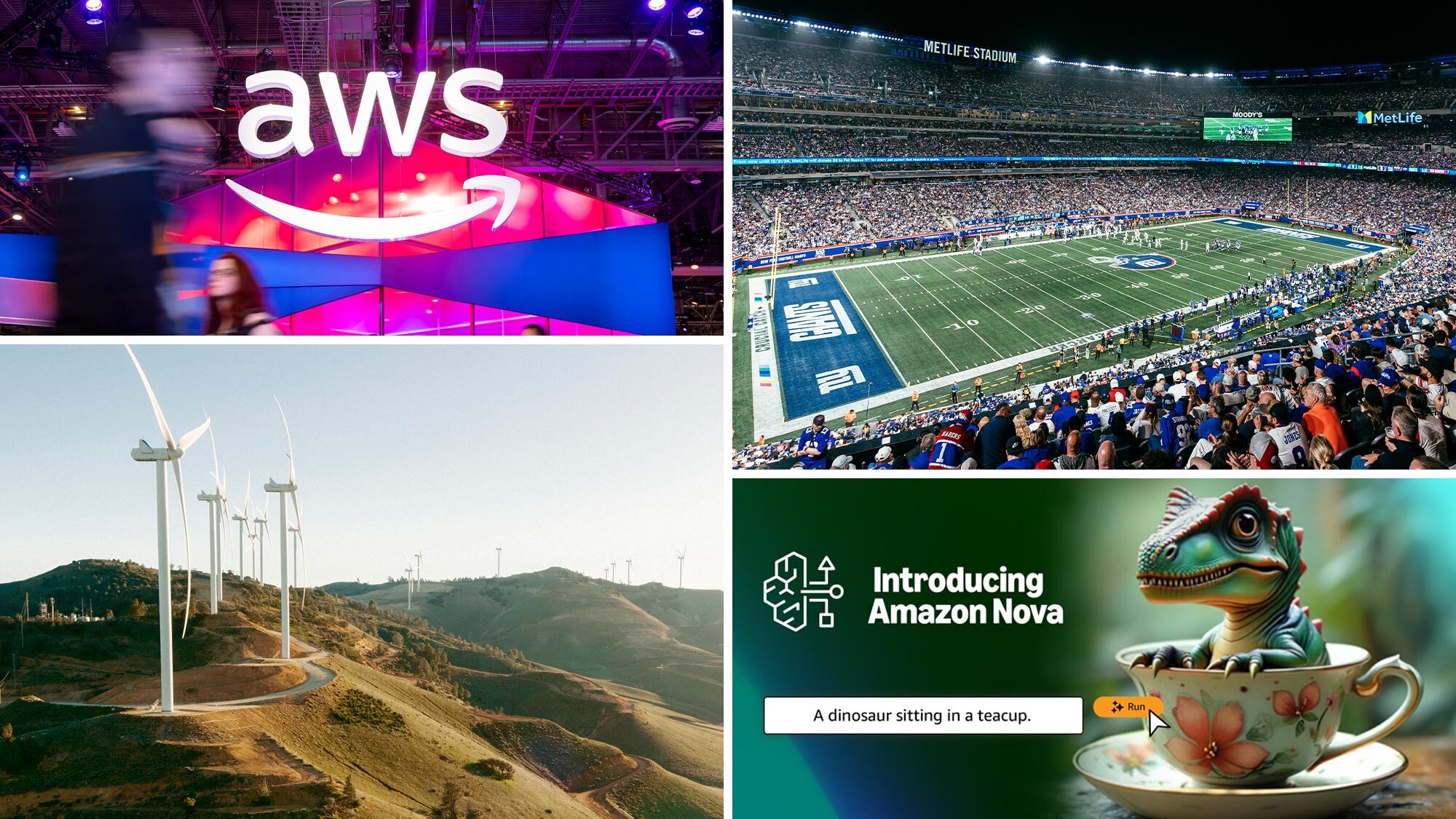 Four diverse scenes showcasing AWS logo illuminated at tech event, a packed MetLife Stadium during NFL game, Amazon Nova introduction with AI-generated dinosaur in teacup, and Wind turbines on rolling hills.