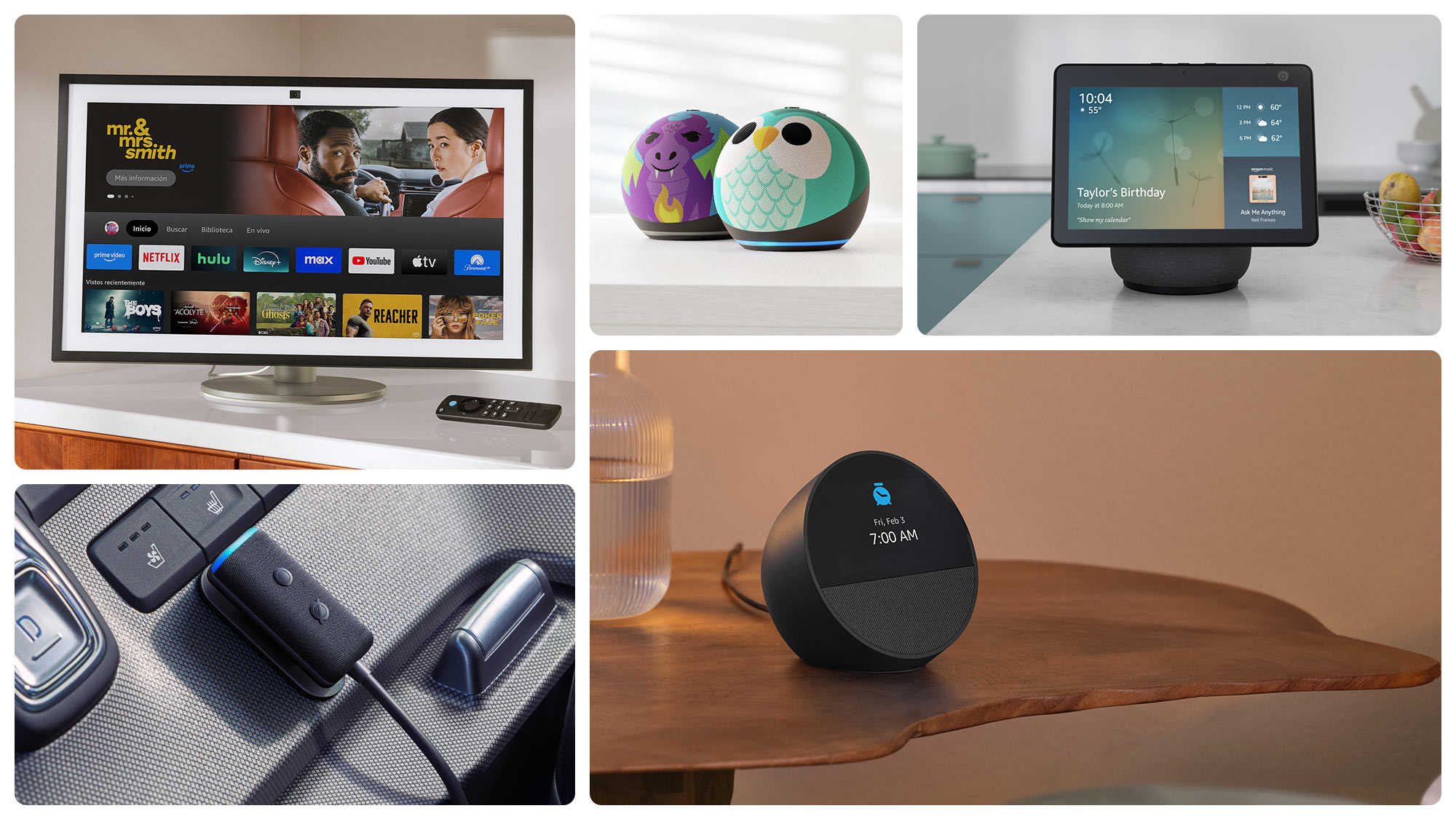 A collage of Echo devices, including Echo Show 21, Echo Dot Kids, Echo Show 10, Echo Auto and Echo Spot.