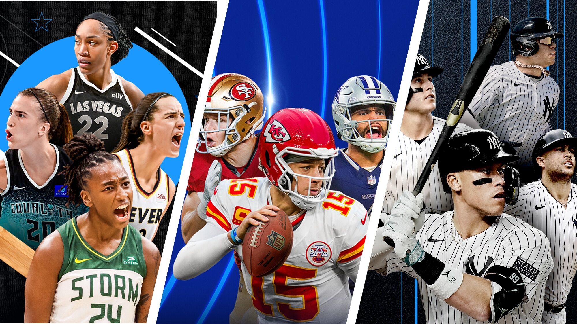 Graphic image of different sports figures across three panels: women's basketball on the right, American football in the middle and baseball on the left.