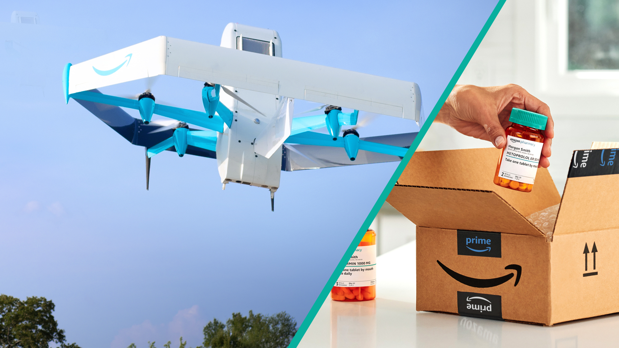 A collage of an Amazon delivery drone on the left and a hand taking out a prescription bottle from an Amazon box. 