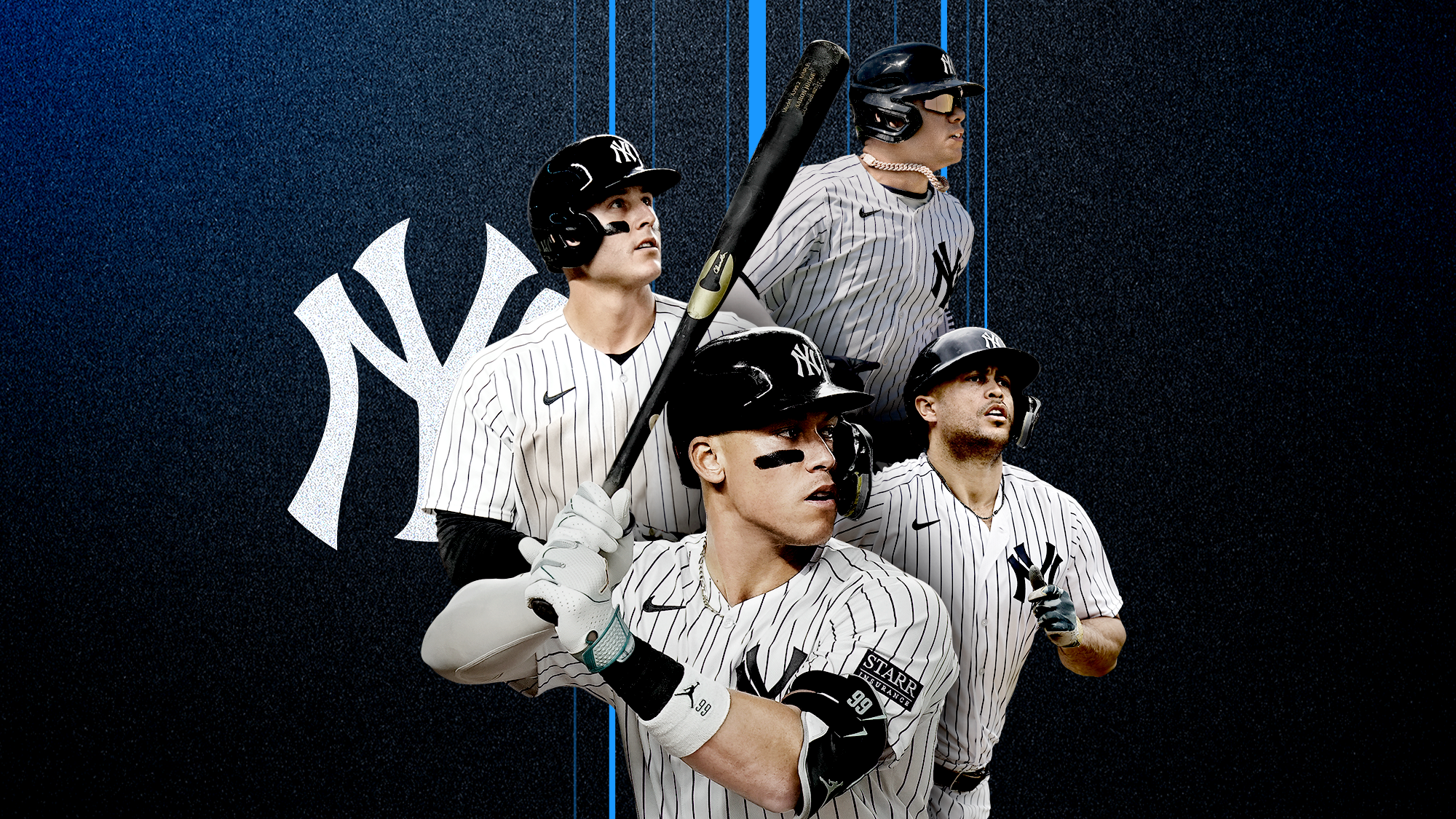 A collage-style photo of six New York Yankees players swinging their bats. 