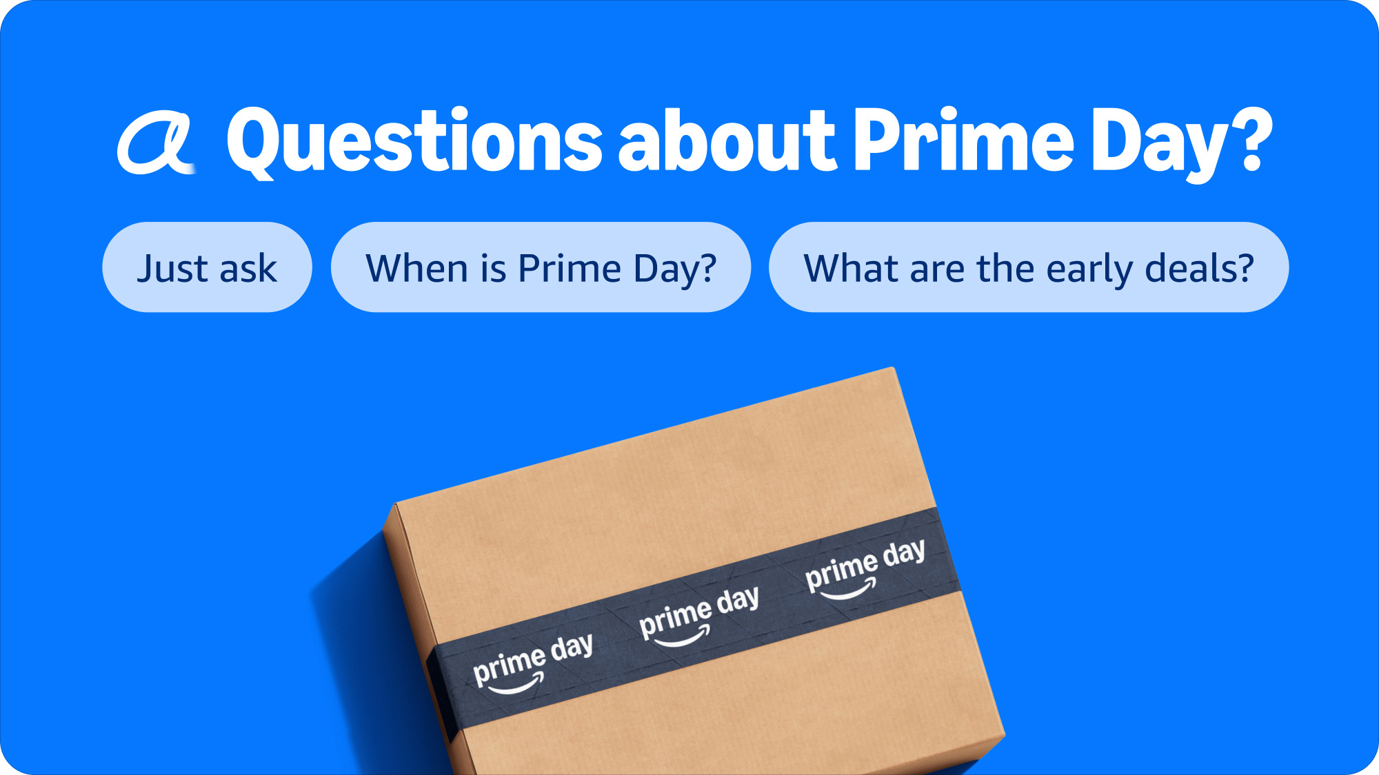 Amazon Prime Day package with three customer inquiry options asking 'Just ask', 'When is Prime Day?', and 'What are the early deals?'
