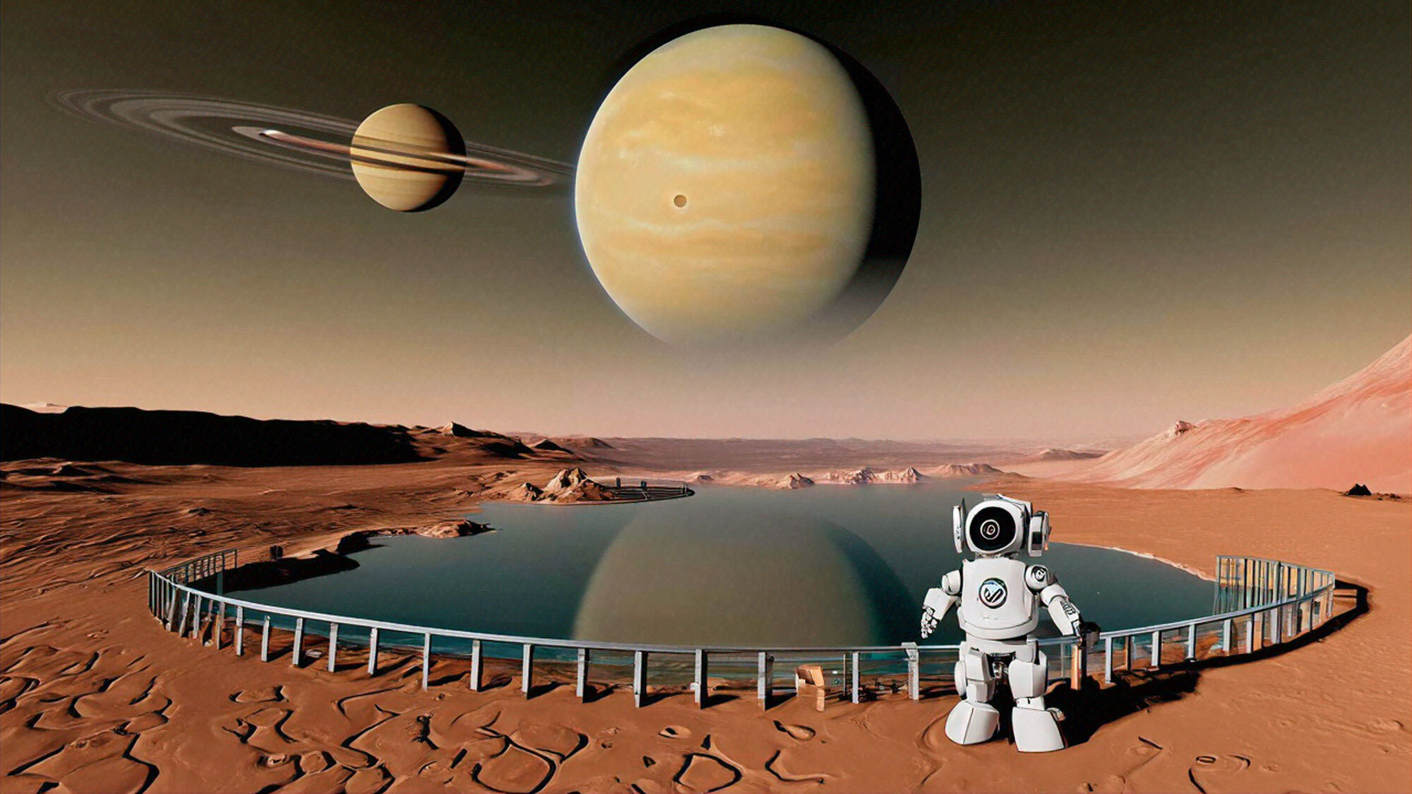 An image of a robot standing on a planet near a body of water. There is a guardrail separating the robot from the water.