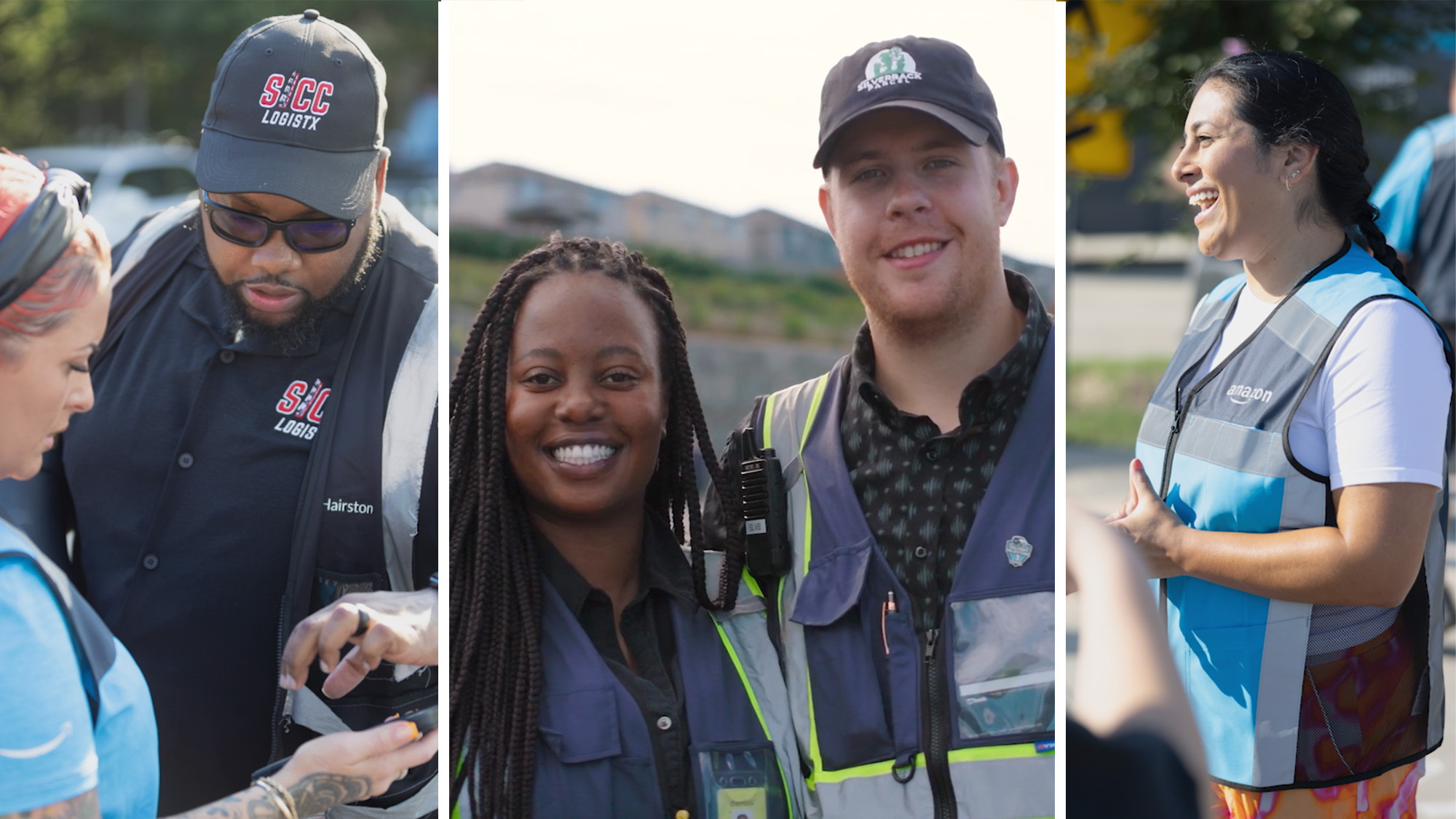 Three scenes of Amazon’s Delivery Service Partners smiling and interacting