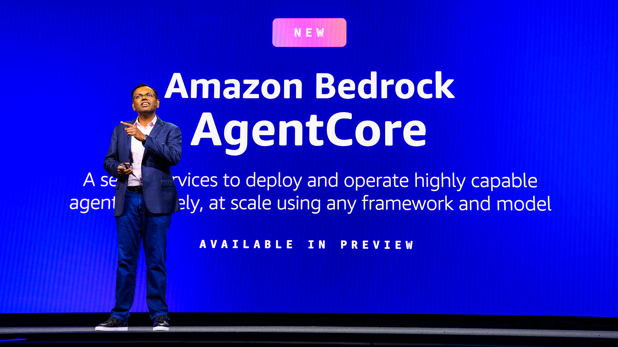 Swami Sivasubramanian, AWS VP for Agentic AI, on stage at AWS Summit in New York 2025.